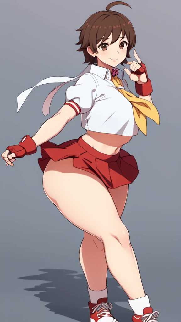 masterpiece, Highest quality,  High resolution,  1girl, solo, Sakura MS,  kasugano sakura, milf, shiny, oily skin, Brown eyes, Brown Hair, short hair, bangs, Ahoge, head band, , Puffy sleeves, Crop top, neckerchief, midriff, ((blue mini skirt)), ultra short skirt, Fingerless gloves, Thighs Thighs Thighs, (thick thighs, voluptuous thighs, ample thighs), White socks, Red footwear, Very detailed, More detailed,Proper body balance,Ultra-high quality output images,High resolution,Intricate details,Very delicate and beautiful hair, simple background, smile, discovery stance, bare legs, full body, (from side:0.7),