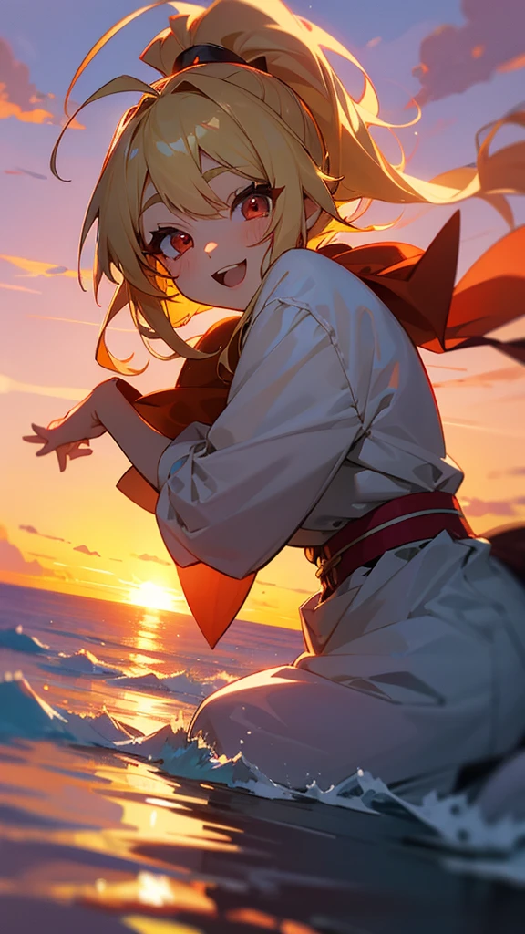 One Girl、solo、17 years old、Anime Girls、Blonde ponytail、Ahoge、Big round red eyes:1.4、Curled eyelashes、smile、Open your mouth、Under the sunset sky
