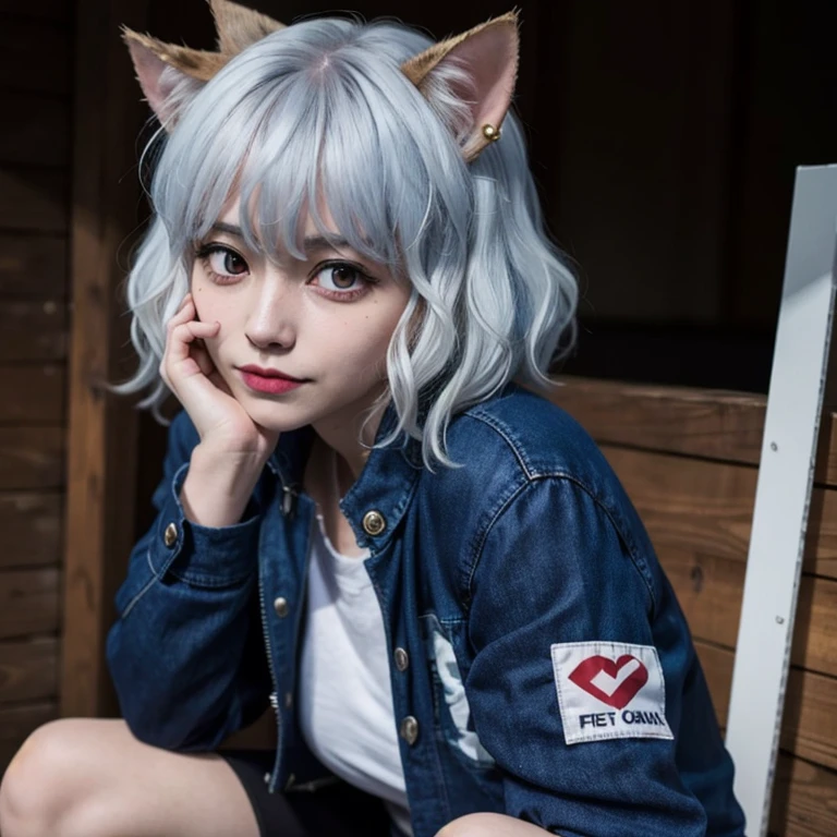 neferpitou,1 girl,Eyes red,Cat's ears,
Blue jacket,pierced,