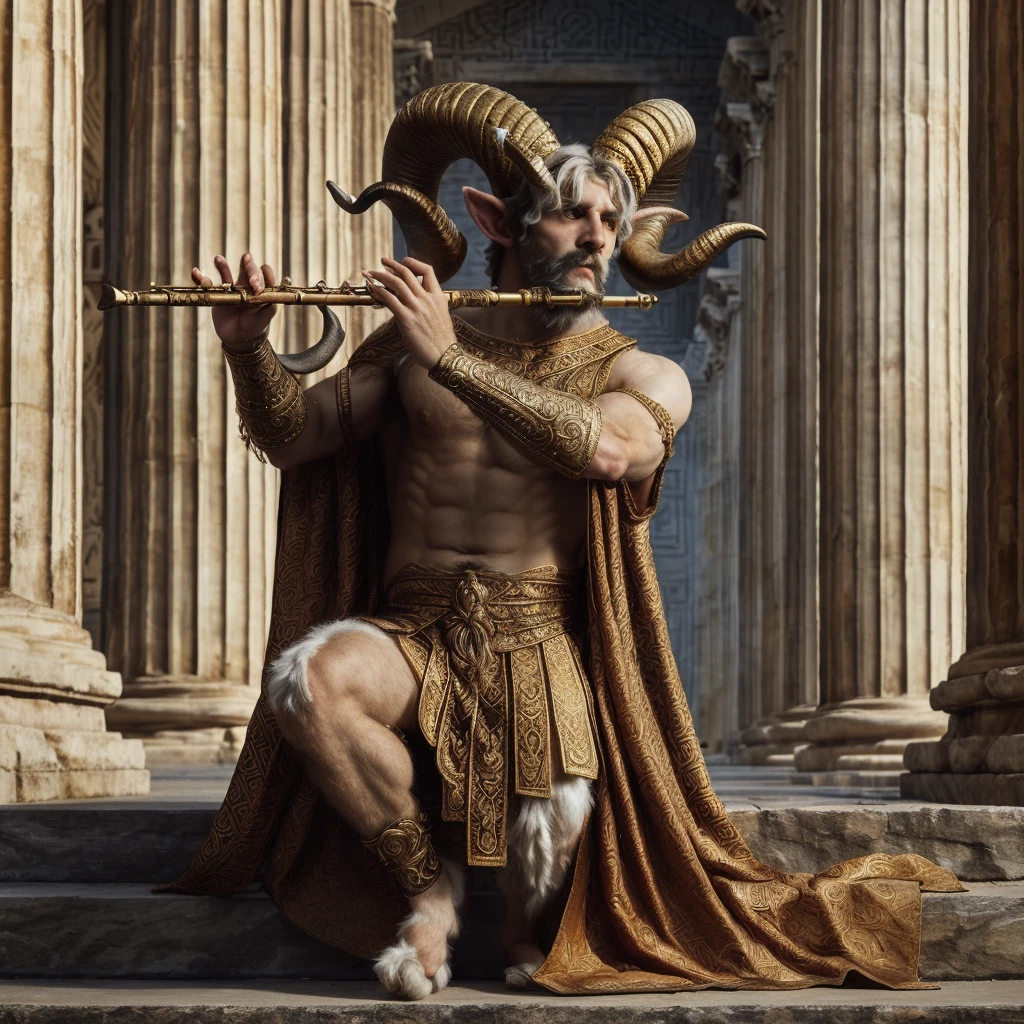 a male satyr playing a flute before a greek temple, white fur, goat horns, wearing an ancient greek tunic with gold embroidery, horned god, satyr, with horns, faun, the greek god of music, greek god, greek myth digital painting, hyperdetailed fantasy character, hyperrealistic fantasy art, Renaissance art style, Renaissance painting, greek mythology