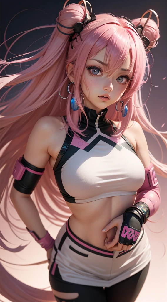 Pink Hair, Gradient hair, Messy hair, hairpin, Hairpin, Elbow pads, Star Hair Accessories, Raise an eyebrow, Colorful eyes, Hoop Earrings, moan, Torogao, Anime style, From below, Chromatic Aberration, Ultra HD, 8K