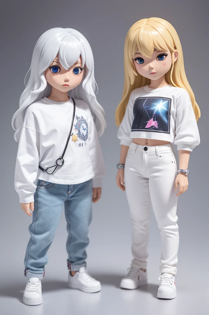 Create a Funko figure of a , called Tisuki, wearing baggy pants and a star blouse, hair blonde. Funko is displayed inside and outside a limited edition white and silver Funko box with DIGITAL text (tissueki), allowing visibility of the figure, typography and 3D rendering. White background.