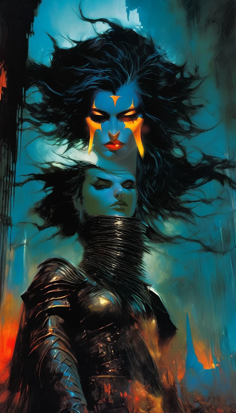 The sexy and dark warrior girl, dark castle, night(art inspired by Bill Sienkiewicz). oil painting)(best quality,4k,8k,highres,masterpiece:1.2),ultra-detailed,(realistic,photorealistic,photo-realistic:1.37),intricate details,vivid colors,sharp focus,professional,Dave McKean artwork, oil touch of surrealism,oil painting style