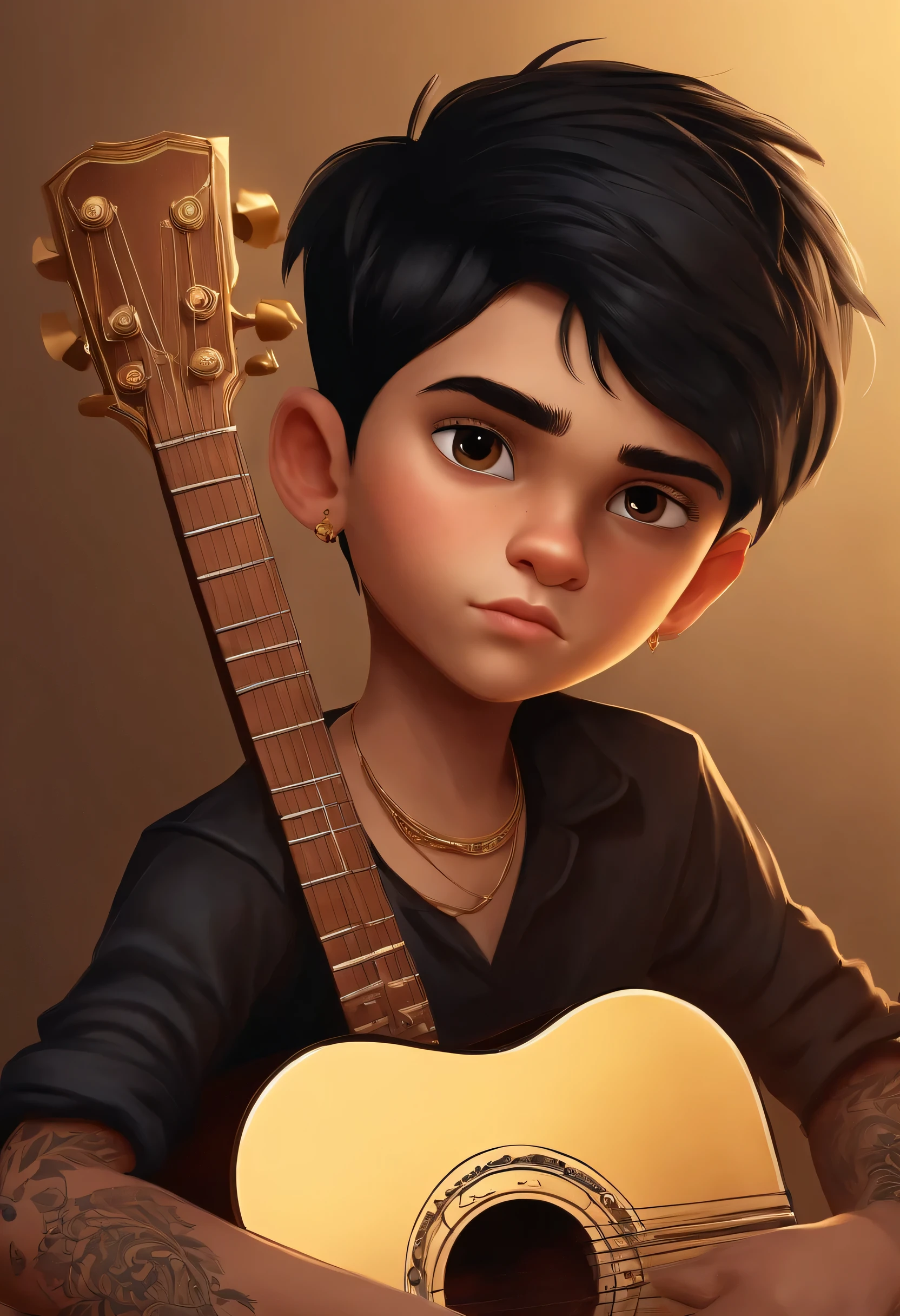 Image of a boy for a Pixar format, short black hair, brown eyes, black clothes and with a guitar and tattoos on his arm and a golden crown on his head on a white background
