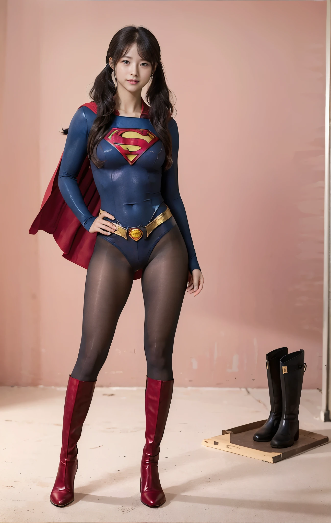 No background、(((Beautiful legs in black tights.)))、(((Legally express the beauty of your smile)))、((((Make the most of your original images)))、(((Supergirl Costume)))、(((Beautiful hair with twin tails)))、(((suffering)))、(((Please wear black tights....、Wear red boots)))、((Best image quality、8K))、((Highest quality、8K、masterpiece:1.3))、(((Preserve background )))、Sharp focus:1.2、Beautiful woman with perfect figure:1.4、Slim Abs:1.2、Wet body:1.5、Highly detailed face and skin texture、8K