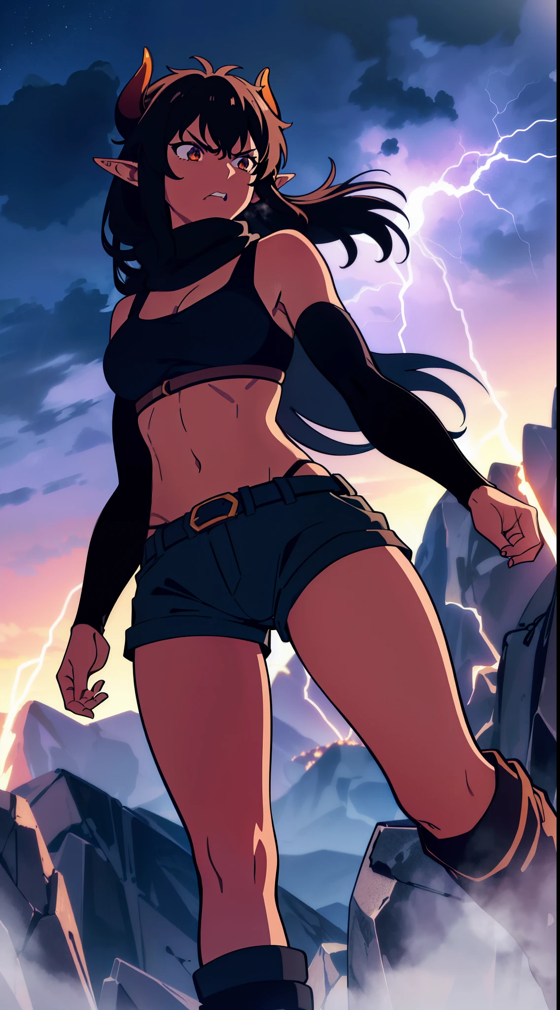 (1girl ,25s,adult,mature female),long hair, black hair,horns,elf ears,((black scarf)),cleavage,(((dark skin))),(black sports bra,black sports, shorts, midriff),angry,running,from below, montains,lightnings,thunders,night,thunder clouds,leather boots,thunder magic