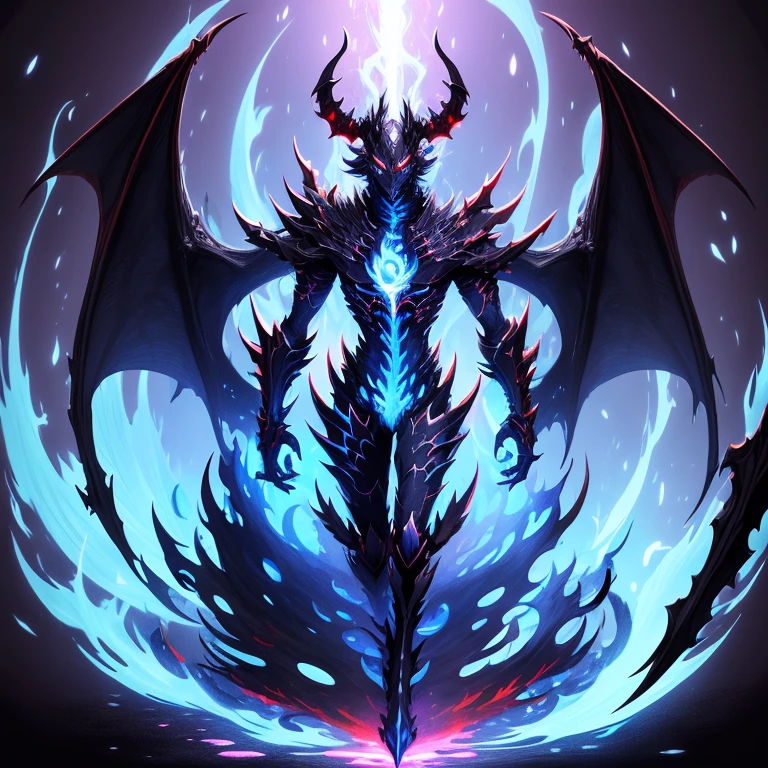full body, black dragon red eyes soul eater fantasy dragon, horns, large black wings, blue fire energy behind, blue fire, underworld background