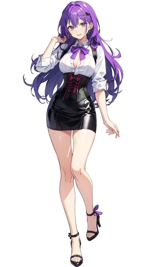 Purple hair,long hair,Adult female,((Rolling up your sleeves shirt)),Open chest,(Corset),(Tight skirt),(high heels),((Simple White background)),Smile,((Full body)),((whole body)),Character Sheet,