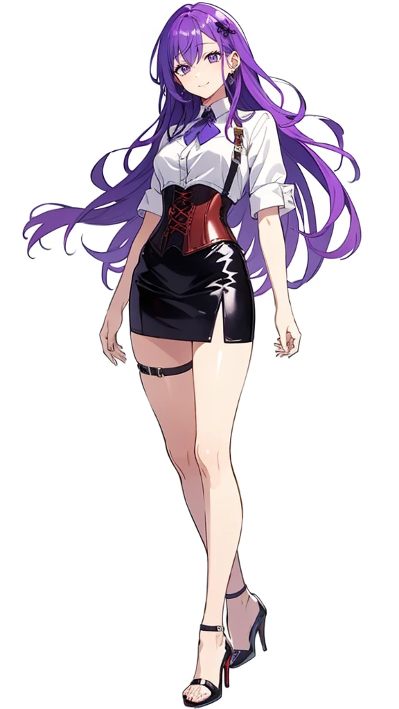 Purple hair,long hair,Adult female,((Rolling up your sleeves shirt)),Open chest,(Corset),(Tight skirt),(high heels),((Simple White background)),Smile,((Full body)),((whole body)),Character Sheet,