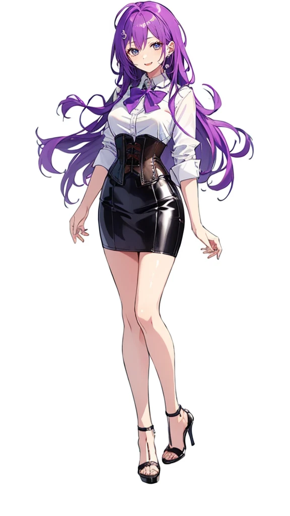 Purple hair,long hair,Adult female,((Rolling up your sleeves shirt)),Open chest,(Corset),(Tight skirt),(high heels),((Simple White background)),Smile,((Full body)),((whole body)),Character Sheet,