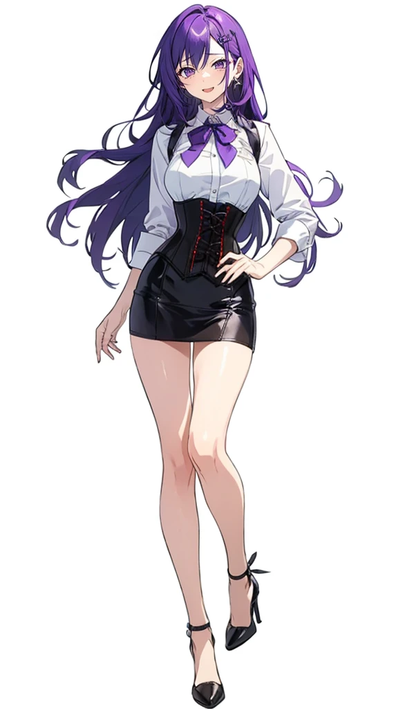 Purple hair,long hair,Adult female,((Rolling up your sleeves shirt)),Open chest,(Corset),(Tight skirt),(high heels),((Simple White background)),Smile,((Full body)),((whole body)),Character Sheet,