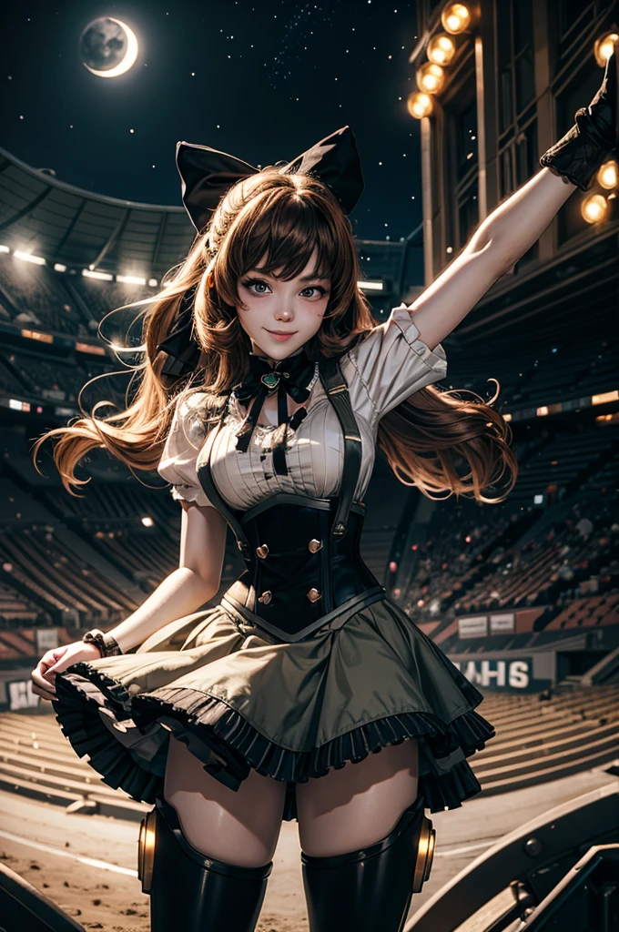 cowboy shot, (dynamic pose), smile, underbust, Penny Polendina, long hair, neck ribbon, suspender skirt, corset, black bow, white blouse, mechanical legs, neon trim, standing, in sport stadium, spectators, crowd, BREAK night, stars, moon, snow, BREAK (volumetric lighting), intricate details, tonemapping, sharp focus, hyper detailed
