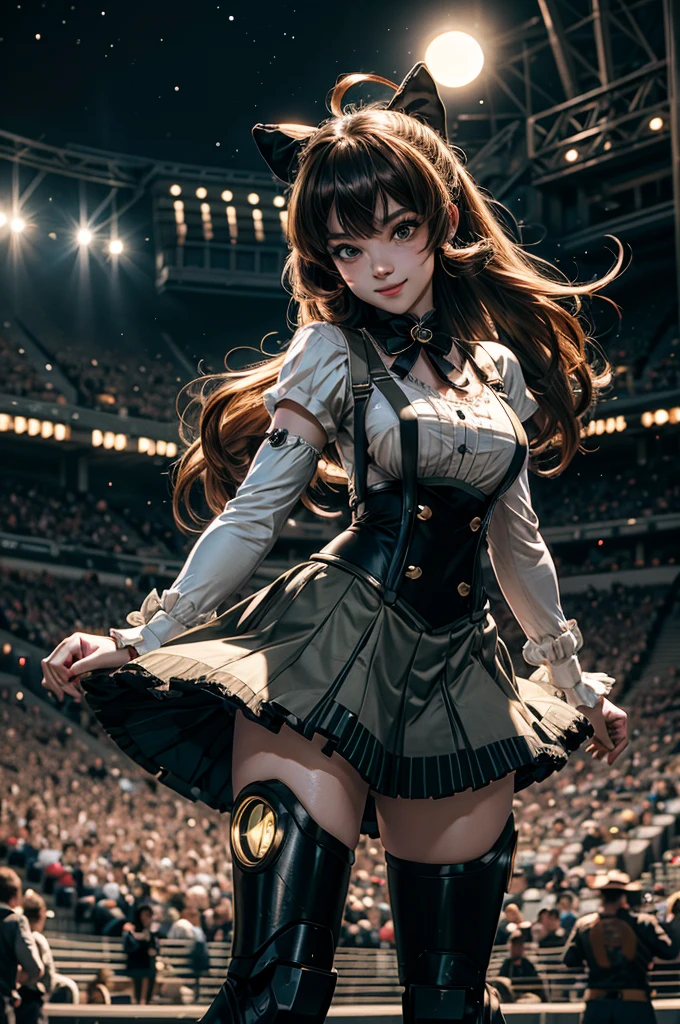 cowboy shot, (dynamic pose), smile, underbust, Penny Polendina, long hair, neck ribbon, suspender skirt, corset, black bow, white blouse, mechanical legs, neon trim, standing, in sport stadium, spectators, crowd, BREAK night, stars, moon, snow, BREAK (volumetric lighting), intricate details, tonemapping, sharp focus, hyper detailed