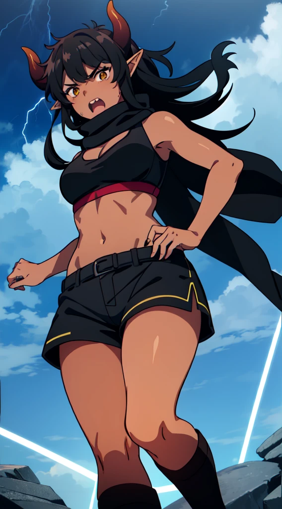 (1girl ,25s,adult,mature female),long hair, black hair,horns,elf ears,((black scarf)),cleavage,(((dark skin))),(black sports bra,black sports, shorts, midriff),angry,running,from below, montains,lightnings,thunders,night,thunder clouds,leather boots,thunder magic