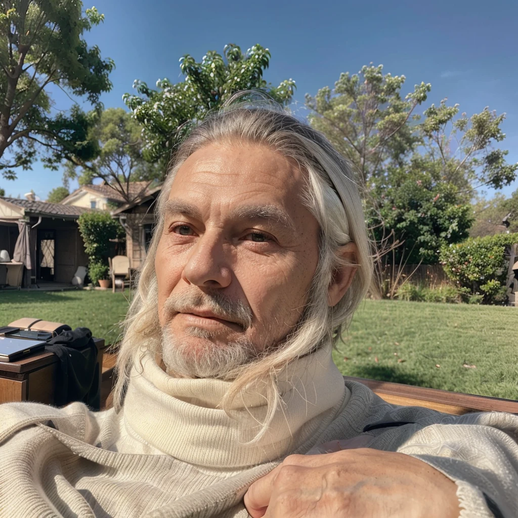 Elderly man of 75 years with the attached photo face with short hair and a medium beard in 2024 wearing a black long-sleeved turtleneck sweater, white pants, Rolex watch, elegantly dressed, behind him an elegant desk.