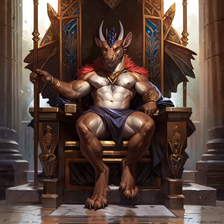 By Taran Fiddler, by greame, by arsauron, solo, dragon, male, large horns, chest hair, throne, king, regal