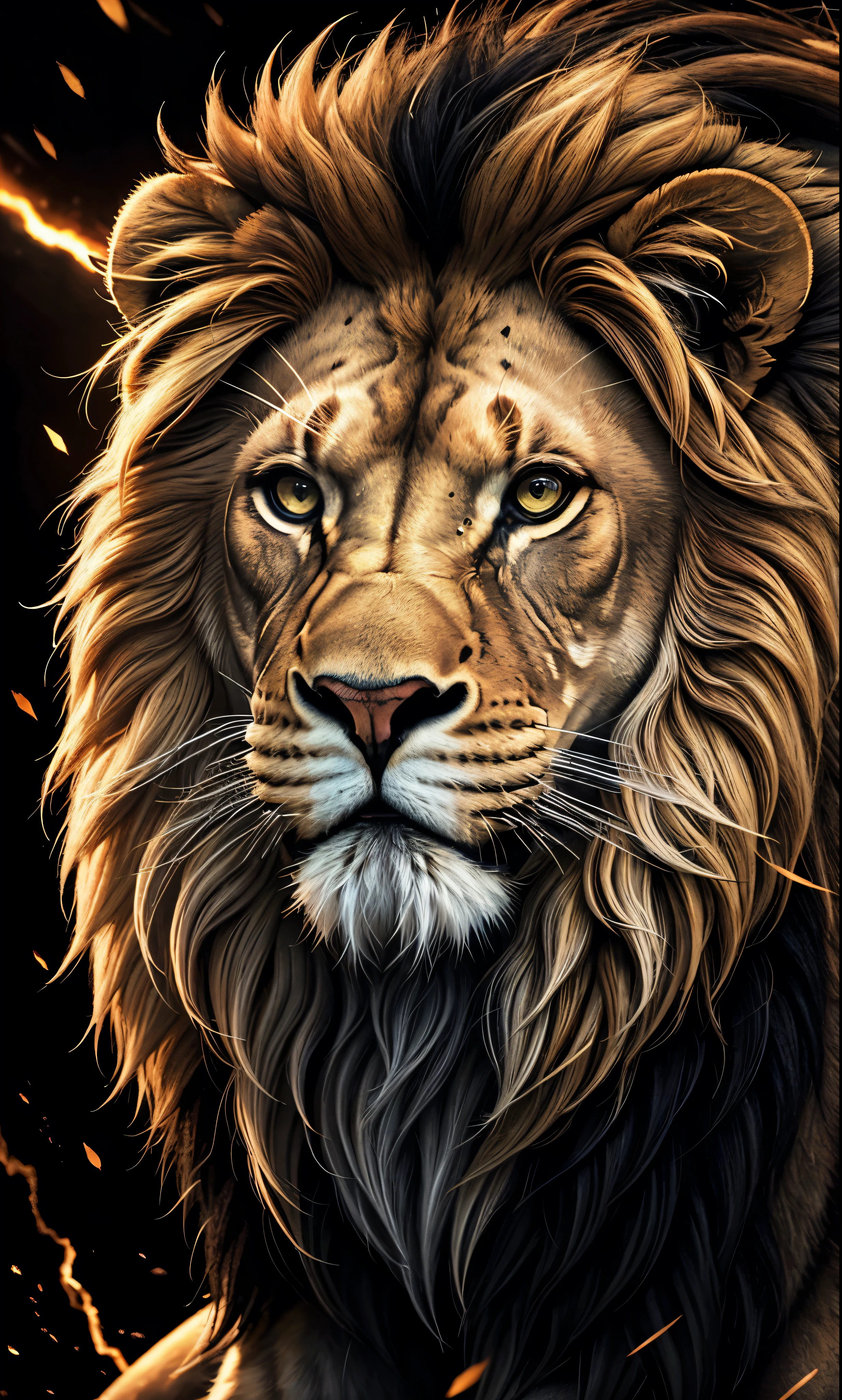 Lion, Divine Lion, naturals, naturals, ferocious, masculine, mighty, golden lion, Thunder Storm, fire rays, Photorealistic Lion, 4K PhotoRealism, Energy, Powerful Lion, Beautiful nature, Great Realistic Lion, FullHD 8K, Sky ligh, Sunset Night, Ligh Sky Sun, Balck Golden, black andwhite, black and gold, detailed realistic face, 8K Detailed Realistic White Lion, Ultrarealistic 8k |, Energia de thunder realista detalhada, Strong Creature realista detalhada, Strong Creature, Lion macho, Rendering, Fotorrealista 8K, UltraHD Alta definição 8K, Detailed Realistic 16K, Nitidez Fotorrealista 8K, 16K photorealistic textures, Contraste Fotorrealista 8K, Sombras Fotorrealistas 8K, Luzes Fotorrealistas 8K, Detailed realistic sunset, Detailed Realistic Lion Face, Detailed realistic light, detailed textures, thunder, detailed shadows, detailed colors, Celestial Electricity, Golden thunder, Lion realista, Ultra Realistic 16K, Realistic 16K, Realistic 16K sharpness, 16K photorealistic textures, 16K realistic colors, powerful creature, Majestic power, Power of Heaven, Great Divine, detailed contrast, realistic contrast, high resolution, detailed colors, fire, villany, divine creature, 8K, realistic detailed, 16K, 8K, High definition, detailed contrast, realistic contrast, high resolution, detailed colors, fire, villany, divine creature, realistic detailed, posh, chic