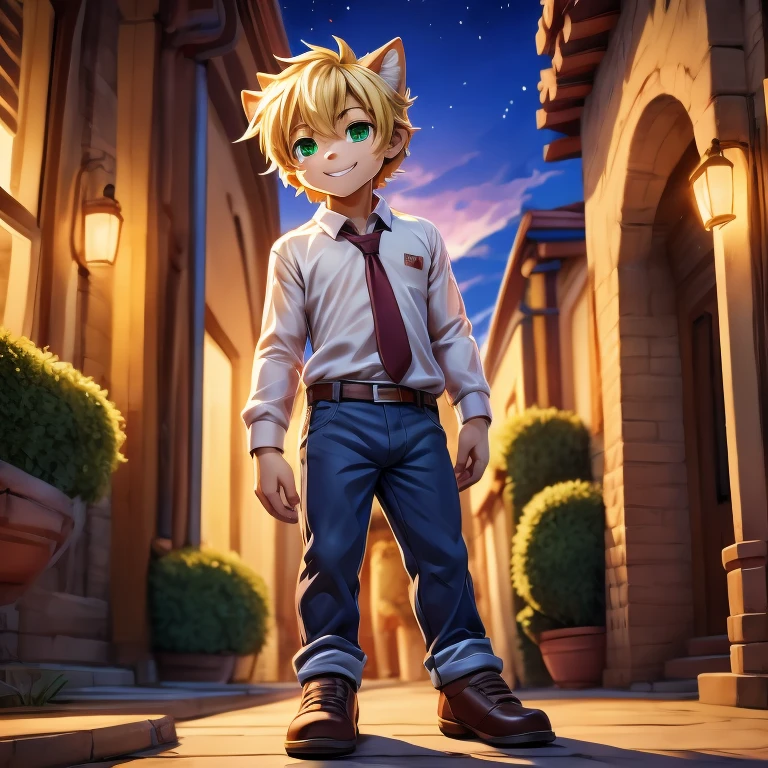 anime model of a blonde boy, With bright green eyes, dressed in a white shirt and blue jeans, Brown shoes, a beautiful and bright smile, a face as cute as that of a god and beautiful, naked showing his penis, normal size,