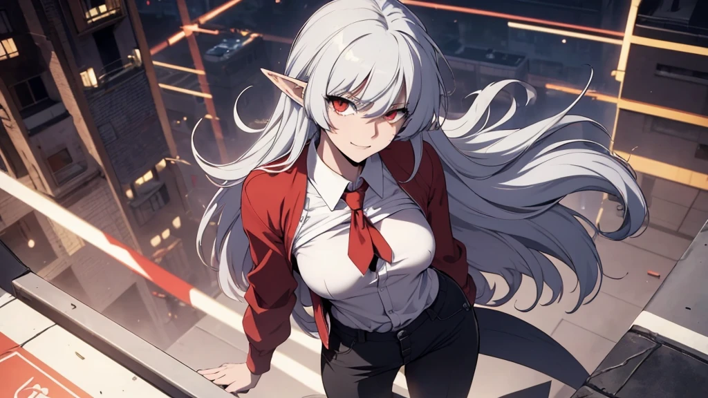 Alice,Vampir,grey hair, Long hair, red eye, pointy ears, small breasts,19 Gender, hooligan, Size, Legsupms, buttocks, pecs, Camera from above, Frame from above, the night, illumination, looks at the viewer, ssmile, grin, criminal, lachend, Shirt unbuttoned, beautiful body(Perfect Anatomy 1.1), medium chest, naked breasts, Crazy people, White shirt, black trousers, Tucked-up trousers, red sneakers, vulgar, Eroticism, Half-naked, beautiful breasts, Size, sexy body, high resolution, 1 girl, 独奏, length hair,, dangerous,lively eyes, Odin, fascinating eyes,confident,Superior, naughty,  Coole Anime 8K, Clean and detailed anime art, 4k manga wallpapers, Detailed portrait of Anime Girl, Anime 4K-Stil, Anime Art Wallpapers 4K, Anime Art Wallpaper 4K Masterpiece, beautiful, best quality,
