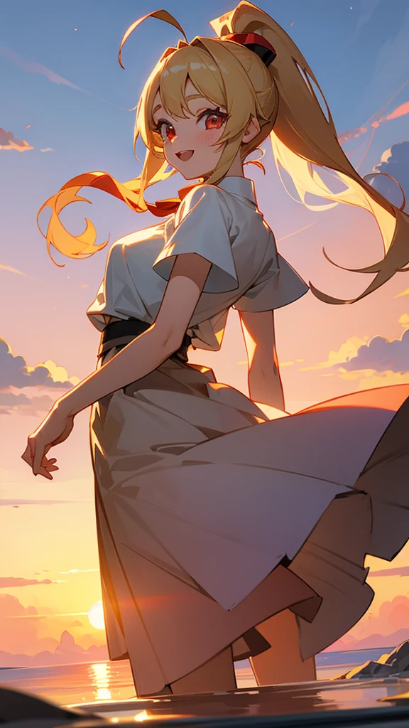 One Girl、solo、、Anime Girls、Blonde ponytail、Ahoge、Big round red eyes:1.4、Curled eyelashes、smile、Open your mouth、Under the sunset sky