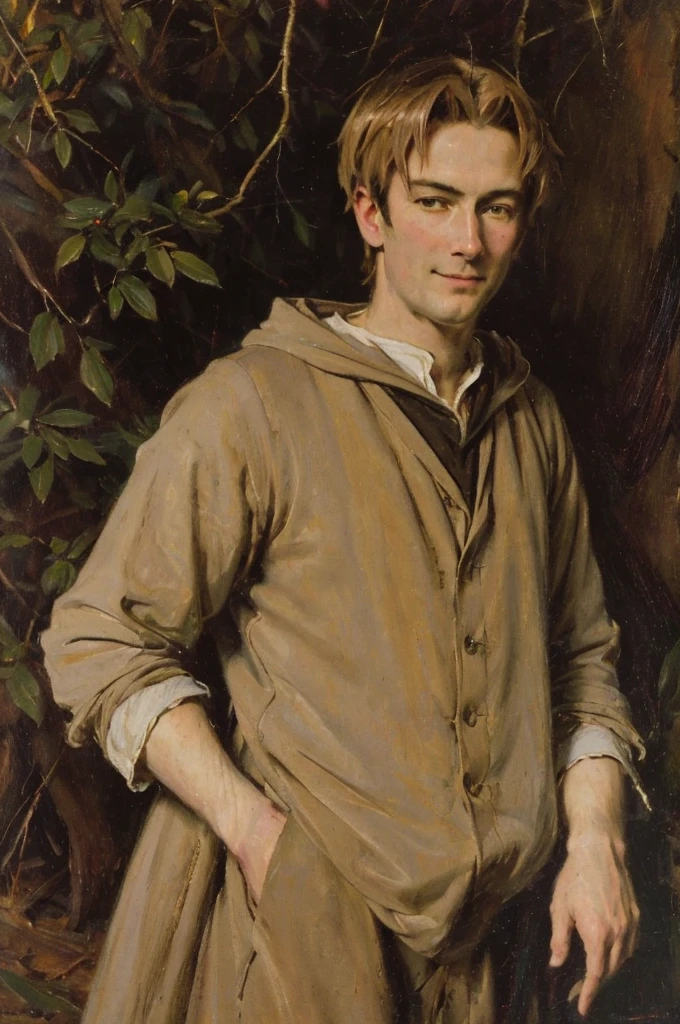 In realistic oil painting portrait of high quality and detail, Rudeus Greyrat (Mushoku Tensei), 19 century style, Classicism, 1man, full body, 18-year-old man, sharp features, detailed face, sad smiling expression, a tall, well-built man with a handsome appearance. He has light brown hair and green eyes, and he also has a mole under his left eye, dark and moody lighting, portrait, contrasting colors, subtle shadows, mysterious atmosphere, outdoors, dark forest on the background, he stands near the tree, (ultra-high detail:1.2), Masterpiece, Best Quality, Ultra-detailed, Cinematic lighting, 8K, delicate features, cinematic, 35 mm lens, f/1.9, highlight lighting, global lighting –uplight –v 4, Cinematic lighting, 8K, high quality, Highest Quality, (Solo Focus), (extremly intricate:1.3), (Realistic), masterful, Analog style, (Film grain:1.5), (warm hue, cold tone), Mystical powers, fantasy, Depth & Perspective, movie style, dark and mysterious atmosphere, 