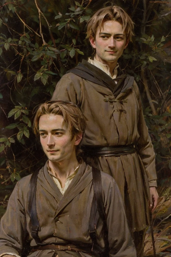 In realistic oil painting portrait of high quality and detail, Rudeus Greyrat (Mushoku Tensei), 19 century style, Classicism, 1man, full body, 18-year-old man, sharp features, detailed face, sad smiling expression, a tall, well-built man with a handsome appearance. He has light brown hair and green eyes, and he also has a mole under his left eye, dark and moody lighting, portrait, contrasting colors, subtle shadows, mysterious atmosphere, outdoors, dark forest on the background, he stands near the tree, (ultra-high detail:1.2), Masterpiece, Best Quality, Ultra-detailed, Cinematic lighting, 8K, delicate features, cinematic, 35 mm lens, f/1.9, highlight lighting, global lighting –uplight –v 4, Cinematic lighting, 8K, high quality, Highest Quality, (Solo Focus), (extremly intricate:1.3), (Realistic), masterful, Analog style, (Film grain:1.5), (warm hue, cold tone), Mystical powers, fantasy, Depth & Perspective, movie style, dark and mysterious atmosphere, 