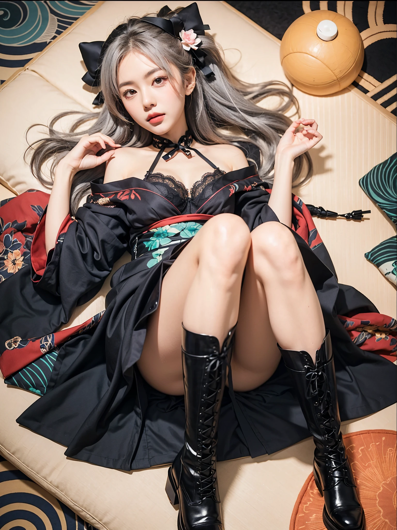 Beautiful Japanese Waifu, early 30s, grey hair, black lace bra, luxury black loose yukata, lying on tatami, black boots