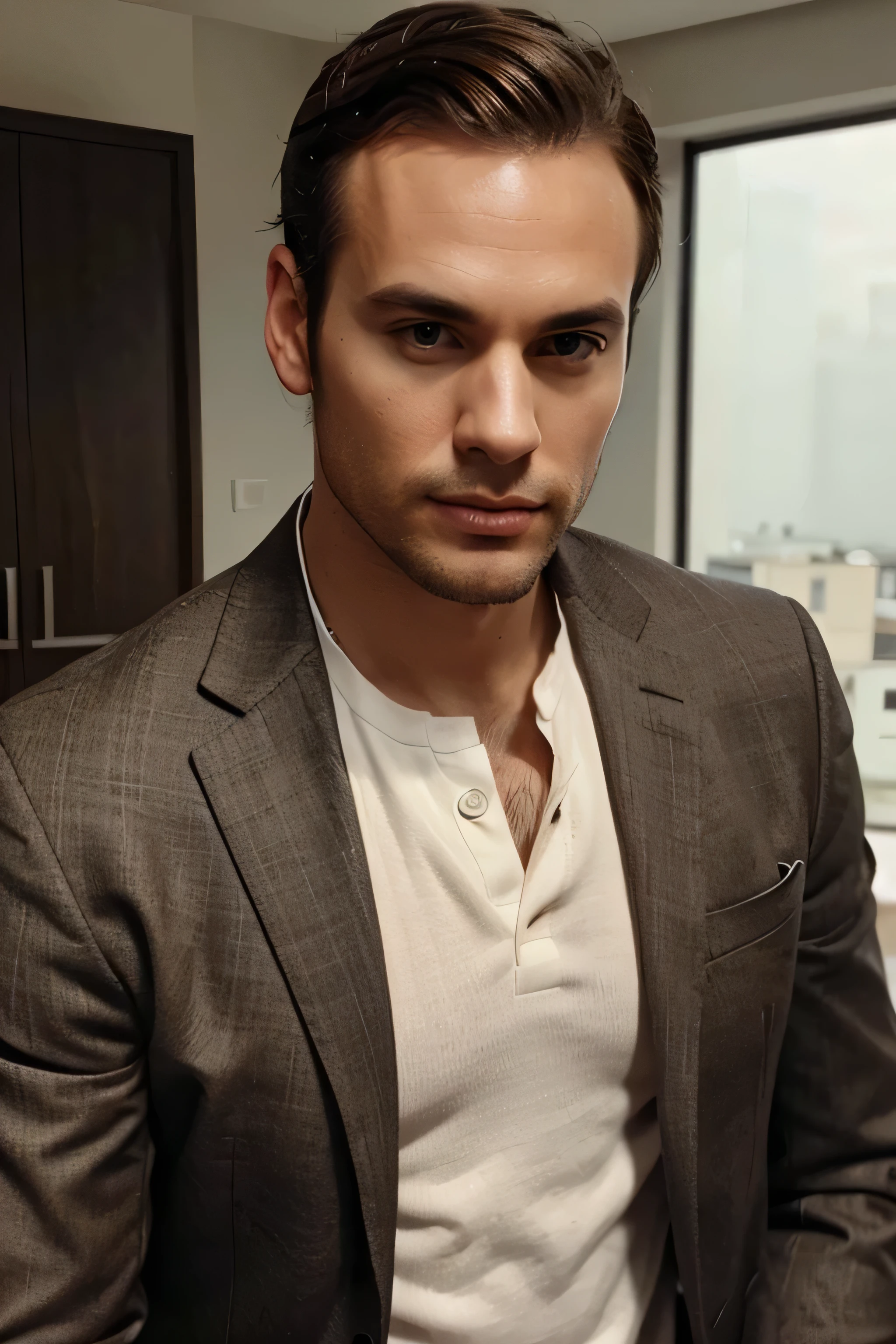A very powerful and attractive man in a suit short brown hair, receeding hairline