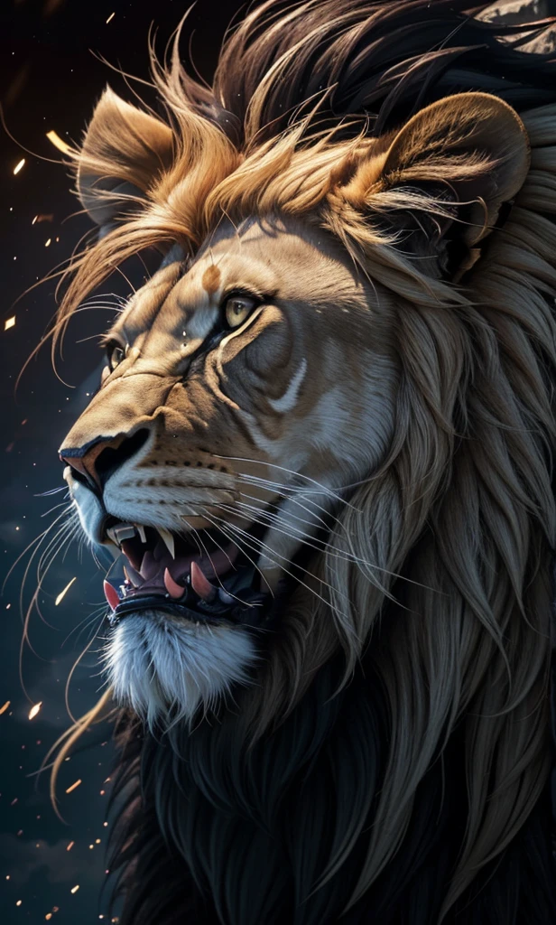 Lion, Divine Lion, naturals, naturals, ferocious, masculine, mighty, golden lion, Powerful Lion, Beautiful nature, Great Realistic Lion, FullHD 8K, Sky ligh, Sunset Night, Ligh Sky Sun, Balck Golden, black andwhite, black and gold, detailed realistic face, 8K Detailed Realistic White Lion, Ultrarealistic 8k |, Energia de thunder realista detalhada, Strong Creature realista detalhada, Strong Creature, Lion macho, Rendering, Fotorrealista 8K, UltraHD Alta definição 8K, Detailed Realistic 16K, Nitidez Fotorrealista 8K, 16K photorealistic textures, Contraste Fotorrealista 8K, Sombras Fotorrealistas 8K, Luzes Fotorrealistas 8K, Detailed realistic sunset, Detailed Realistic Lion Face, Detailed realistic light, detailed textures, thunder, detailed shadows, detailed colors, Celestial Electricity, Golden thunder, Lion realista, Ultra Realistic 16K, Realistic 16K, Realistic 16K sharpness, 16K photorealistic textures, 16K realistic colors, powerful creature, Majestic power, Power of Heaven, Great Divine, detailed contrast, realistic contrast, high resolution, detailed colors, fire, villany, divine creature, 8K, realistic detailed, 16K, 8K, High definition, detailed contrast, realistic contrast, high resolution, detailed colors, fire, villany, divine creature, realistic detailed, posh, chic