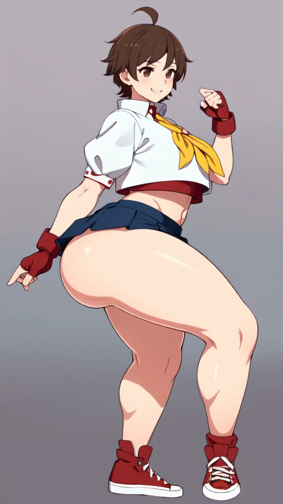 masterpiece, Highest quality,  High resolution,  1girl, solo, Sakura MS,  kasugano sakura, milf, shiny, oily skin, Brown eyes, Brown Hair, short hair, bangs, Ahoge, head band, , Puffy sleeves, Crop top, neckerchief, midriff, ((blue mini skirt)), ultra short skirt, Fingerless gloves, Thighs Thighs Thighs, (thick thighs, voluptuous thighs, ample thighs), White socks, Red footwear, Very detailed, More detailed,Proper body balance,Ultra-high quality output images,High resolution,Intricate details,Very delicate and beautiful hair, simple background, smile, discovery stance, bare legs, full body, (from side:0.7), nsfw,