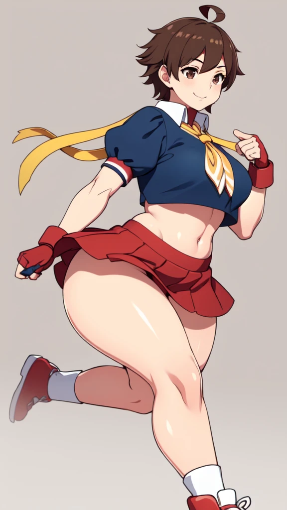 masterpiece, Highest quality, High resolution, 1girl, solo, Sakura MS, kasugano sakura, milf, shiny, oily skin, Brown eyes, Brown Hair, short hair, bangs, Ahoge, head band, , Puffy sleeves, Crop top, neckerchief, midriff, ((blue mini skirt)), ultra short skirt, Fingerless gloves, Thighs Thighs Thighs, (thick thighs, voluptuous thighs, ample thighs), White socks, Red footwear, Very detailed, More detailed,Proper body balance,Ultra-high quality output images,High resolution,Intricate details,Very delicate and beautiful hair, simple background, smile, discovery stance, bare legs, full body, (from side:0.7), nsfw,