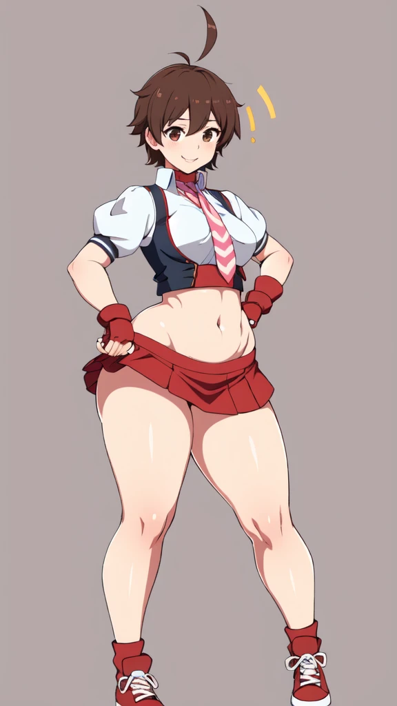 masterpiece, Highest quality,  High resolution,  1girl, solo, Sakura MS,  kasugano sakura, milf, shiny, oily skin, Brown eyes, Brown Hair, short hair, bangs, Ahoge, head band, , Puffy sleeves, Crop top, neckerchief, midriff, ((blue mini skirt)), ultra short skirt, Fingerless gloves, Thighs Thighs Thighs, (thick thighs, voluptuous thighs, ample thighs), White socks, Red footwear, Very detailed, More detailed,Proper body balance,Ultra-high quality output images,High resolution,Intricate details,Very delicate and beautiful hair, simple background, smile, discovery stance, bare legs, full body, (from side:0.7), nsfw,