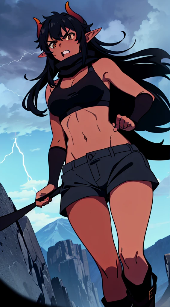 (1girl ,25s,adult,mature female),long hair, black hair,horns,elf ears,((black scarf)),cleavage,(((dark skin))),(black sports bra,black sports, shorts, midriff),angry,running,from below, montains,lightnings,thunders,night,thunder clouds,leather boots,thunder magic