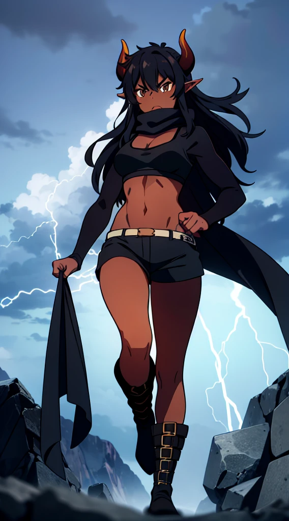 (1girl ,25s,adult,mature female),long hair, black hair,horns,elf ears,((black scarf)),cleavage,(((dark skin))),(black sports bra,black sports, shorts, midriff),angry,running,from below, montains,lightnings,thunders,night,thunder clouds,leather boots,thunder magic