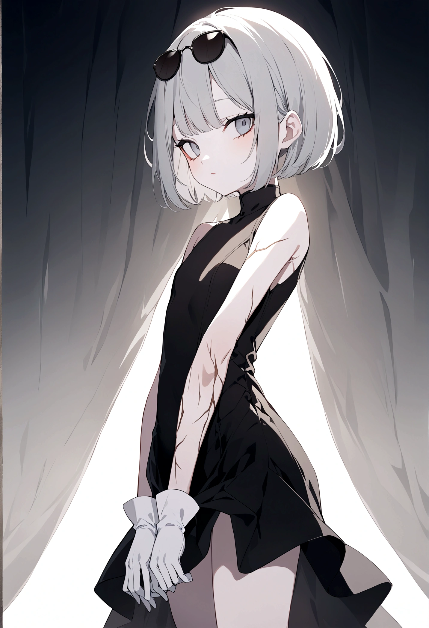 Young girl of 19 years old, emotionless and cold look, blue eyes, gray eyes as if she were blind, long eyelashes, perfect nose, small lips with red makeup, round face, Very marked black eyeliner, you can notice dark circles under her eyes, she wears an elegant black sleeveless dress, showing her arms with thin scars from cuts,Thin and well-kept hands, flat chest, body without sexy curves, thin and fragile legs,Short hair, bob style cut,White gloves, a small purse, and dark sunglasses over her hair,Soft and slightly pale skin, He has a small, almost imperceptible smile.Tall, height 1.74,She wears a cat barrette in her hair, her cuts look more recent on her arm.