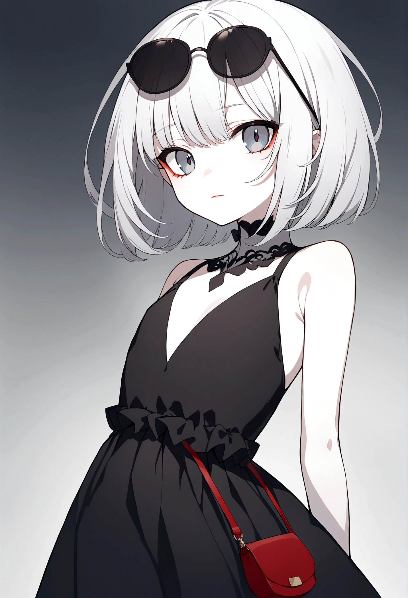 Young girl of 19 years old, emotionless and cold look, blue eyes, gray eyes as if she were blind, long eyelashes, perfect nose, small lips with red makeup, round face, Very marked black eyeliner, you can notice dark circles under her eyes, she wears an elegant black sleeveless dress, showing her arms with thin scars from cuts,Thin and well-kept hands, flat chest, body without sexy curves, thin and fragile legs,Short hair, bob style cut,White gloves, a small purse, and dark sunglasses over her hair,Soft and slightly pale skin, He has a small, almost imperceptible smile.Tall, height 1.74,She wears a cat barrette in her hair, her cuts look more recent on her arm.