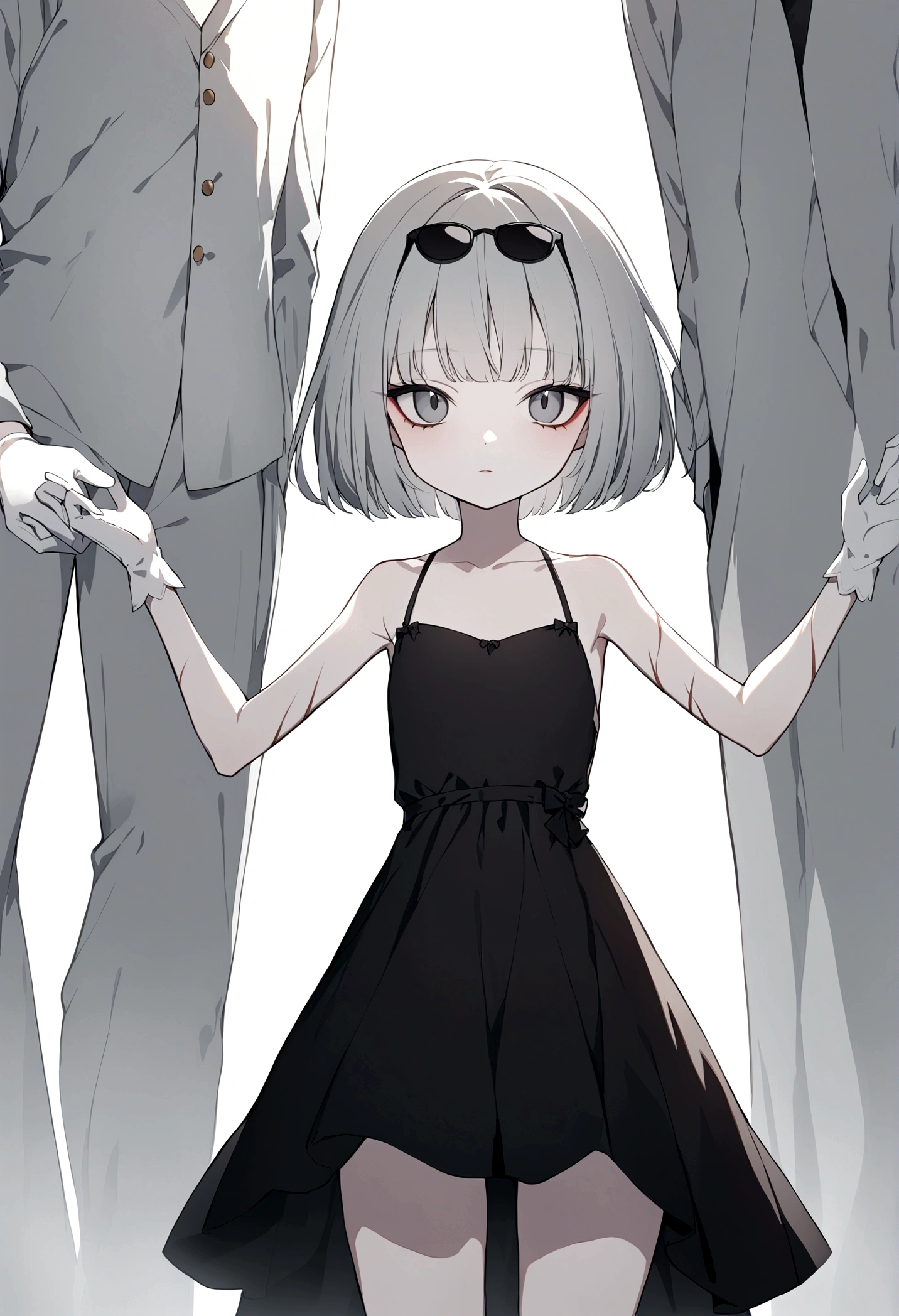 Young girl of 19 years old, emotionless and cold look, blue eyes, gray eyes as if she were blind, long eyelashes, perfect nose, small lips with red makeup, round face, Very marked black eyeliner, you can notice dark circles under her eyes, she wears an elegant black sleeveless dress, showing her arms with thin scars from cuts,Thin and well-kept hands, flat chest, body without sexy curves, thin and fragile legs,Short hair, bob style cut,White gloves, a small purse, and dark sunglasses over her hair,Soft and slightly pale skin, He has a small, almost imperceptible smile.Tall, height 1.74,She wears a cat barrette in her hair, her cuts look more recent on her arm.