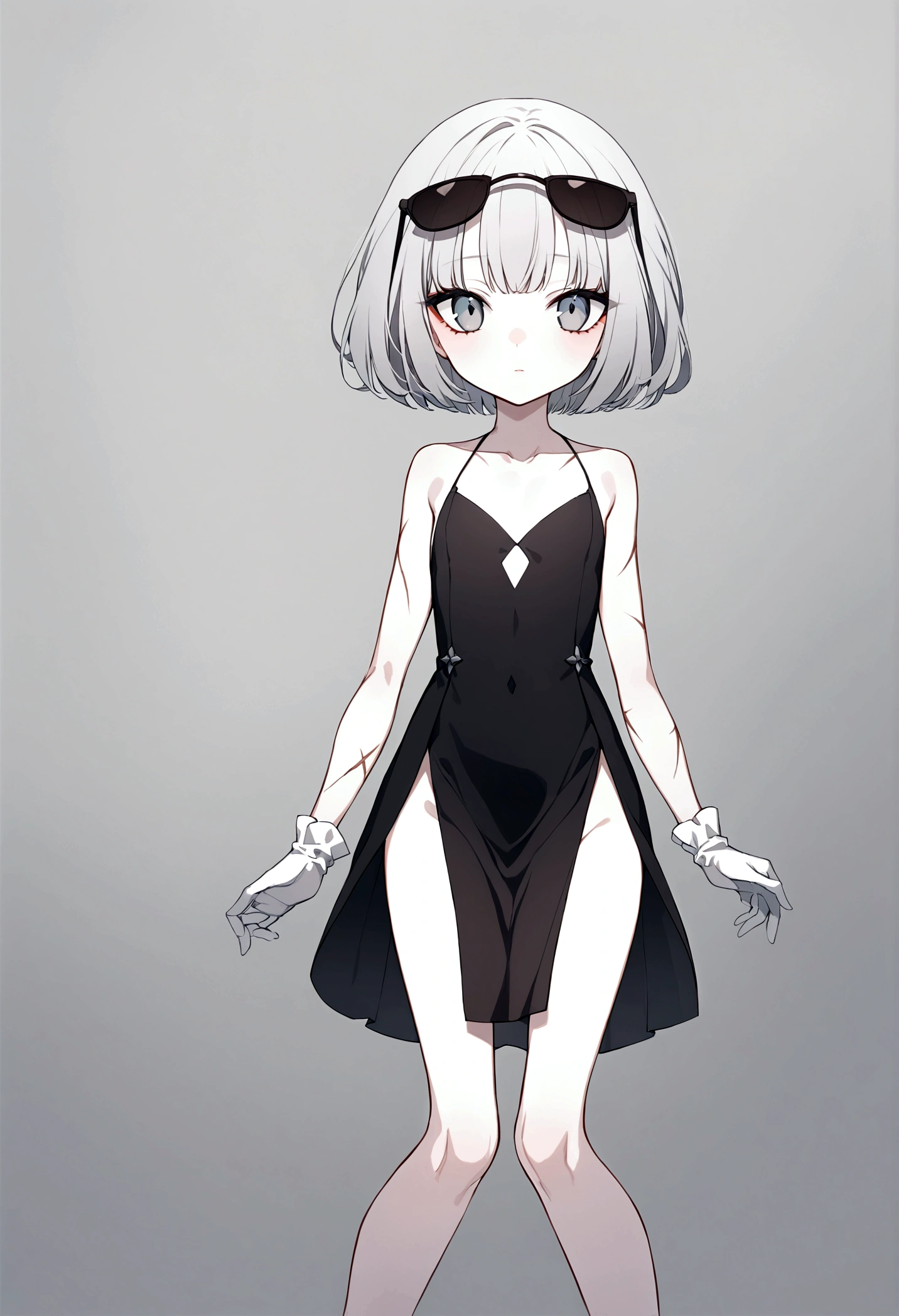 Young girl of 19 years old, emotionless and cold look, blue eyes, gray eyes as if she were blind, long eyelashes, perfect nose, small lips with red makeup, round face, Very marked black eyeliner, you can notice dark circles under her eyes, she wears an elegant black sleeveless dress, showing her arms with thin scars from cuts,Thin and well-kept hands, flat chest, body without sexy curves, thin and fragile legs,Short hair, bob style cut,White gloves, a small purse, and dark sunglasses over her hair,Soft and slightly pale skin, He has a small, almost imperceptible smile.Tall, height 1.74,She wears a cat barrette in her hair, her cuts look more recent on her arm.