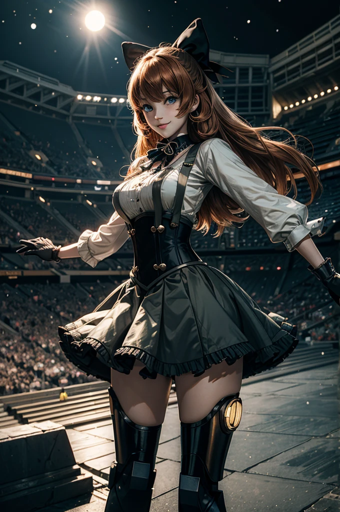 cowboy shot, (dynamic pose), smile,  underbust, Penny Polendina, long hair, neck ribbon, suspender skirt, corset, black bow, white blouse, mechanical legs, neon trim, standing, in sport stadium, spectators, crowd, BREAK night, stars, moon, snow, BREAK  (volumetric lighting), intricate details, tonemapping, sharp focus, hyper detailed

