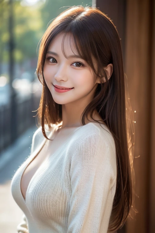 masutepiece, Best Quality, photorealistic,Illustration, Ultra-detailed, finely detail, hight resolution, 8K Wallpaper, Perfect dynamic composition, Beautiful detailed eyes, Mocha long sleeve knit dress,Straight hair,medium natural color lip, Randomly sexy po,Smile、20 years girl、Cute、Sexy shot king at camera,Perfect and beautiful face
