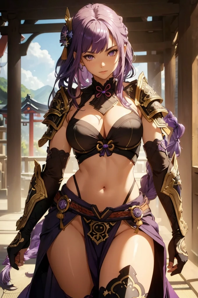 ((1girl, solo)), beautiful body, (perfect anatomy, perfect body, perfect hands, perfect legs), natural proportions, sexy body, large breasts, ((full body, full body front)) BREAK
((extremely detailed face)), (beautiful detailed eyes:1.6), (realistic pupils, realistic iris:1), expressive eyes, looking at viewer, (clear eyes:1.3), (hyperrealistic:1.2), (detailed skin texture:1.2), smooth skin, raiden shogun, (purple hair:1.5), (purple eyes), long hair, very long hair, braid, (braided ponytail:1.5), bangs, parted bangs, hair ornament, hair tie, ((mature female)), ((little smile)), (detailed lips:1.2), (attractive lips:1.1), (glossy lips:1.1), (parted lips), perfect face, perfect eyes BREAK
(revealing clothes:1.5), (japanese armor:1.5), (samurai armor), (groin:1.5), (((highleg))), bikini armor, pelvic curtain, partially visible vulva BREAK
(masterpiece:1.5), anime-style, top quality, best quality, (beautiful and aesthetic:1.2), (ultra detail:1.5), Ultra-detailed depiction, Ultra-precise depiction, extremely detailed 8k illustration, high resolution, (highly detailed shading:1.2), (realistic lighting:1.4), perfect lighting, vibrant colors, dynamic tones, striking hues, 8k, absurd resolution, perfect shadows, hdr, UHD, ambient lighting, realistic, ultra-realistic, photo realistic, highly detailed, rich detail, luminous colors, fine texture, intricate design, professional illustration, (soft light:1.2), (illustration:0.7)