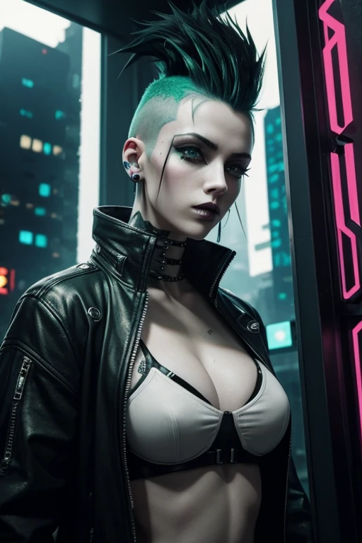 thin and athletic Italian woman in her early twenties, pale skin, goth, cyberpunk theme, black lipstick, makeup, punk hair, tall spiked hair, very tall spiked hair, hair dyed green, micro bikini, very tiny micro bikini, trimmed pubes, clit, exposed trimmed pubic hair, exposed clit