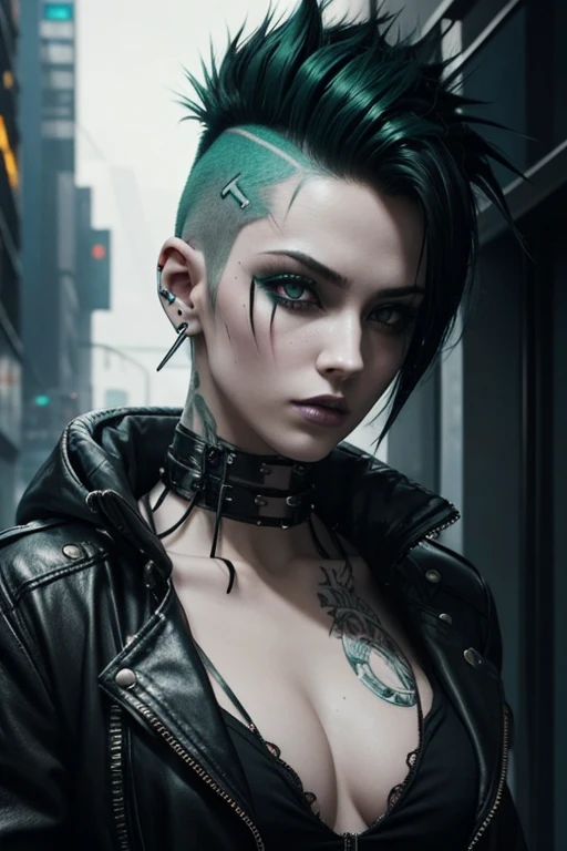 Not safe for work, Cyberpunk, Goth, Very pale skin, prostitute, spiked high mohawk, side bob, hair dyed green