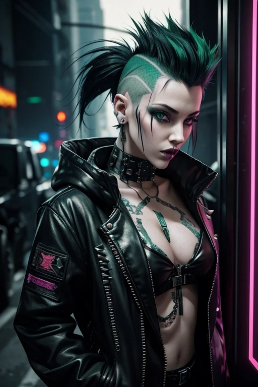 Not safe for work, Cyberpunk, Goth, Very pale skin, prostitute, spiked high mohawk, side bob, hair dyed green, wearing provocative clothing