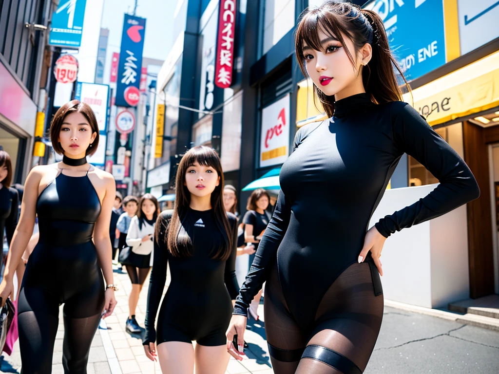 high quality, high resolution,Scenery of the city in Japan,One girl with multiple girls in the background,Detailed output of the girl in the background,Super high leg leotard made of spandex,Spandex long gloves The girl in the background is also wearing the same super high leg leotard and long gloves,Colorful super high leg leotards,Wearing super shiny pantyhose,Brainwashing Makeup,Heavy makeup,Dark eyeshadow,Dark lipstick