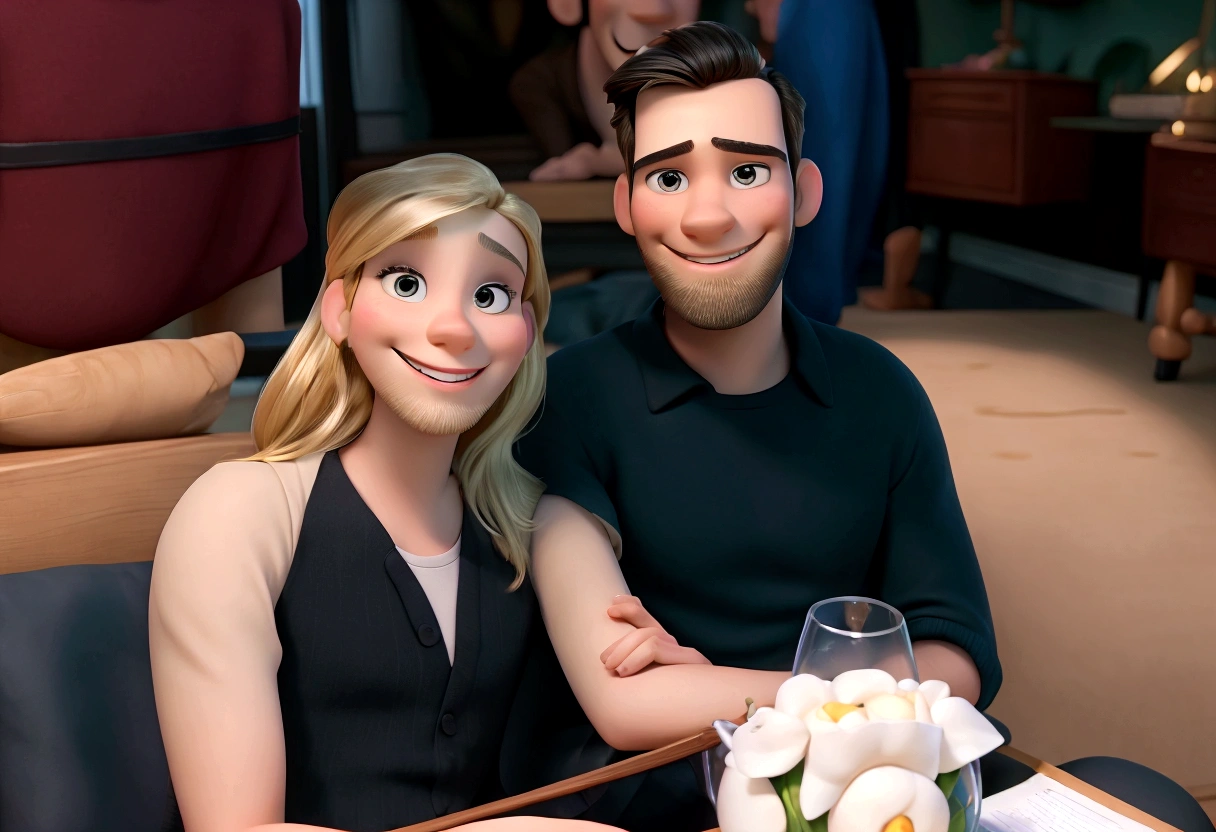High quality artwork maximum quality best quality Disney pixar style couple smiling blonde woman and man with thin beard smiling and black hair