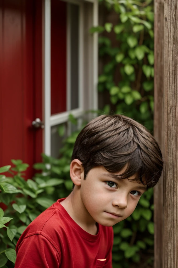 Realistic portrait of a ten year-old boy, He wears a red shirt . His face is childish and exploratory . He goes out cautiously into the garden of the house, ,facing the camera,, Hair is untidy ,