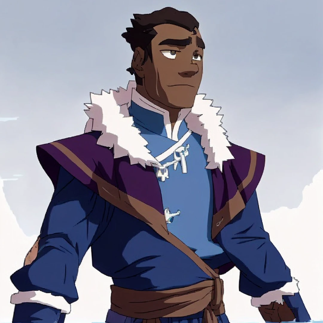 African-American dark-skinned low short hair style, low shaky hair, skinny, low short hair. waist:% A deep blue uniform cloth cloak decorated with white fur, water tribe outfit. Fur collar, dark purple pants casual water tribe outfit, water tribe outfit. 