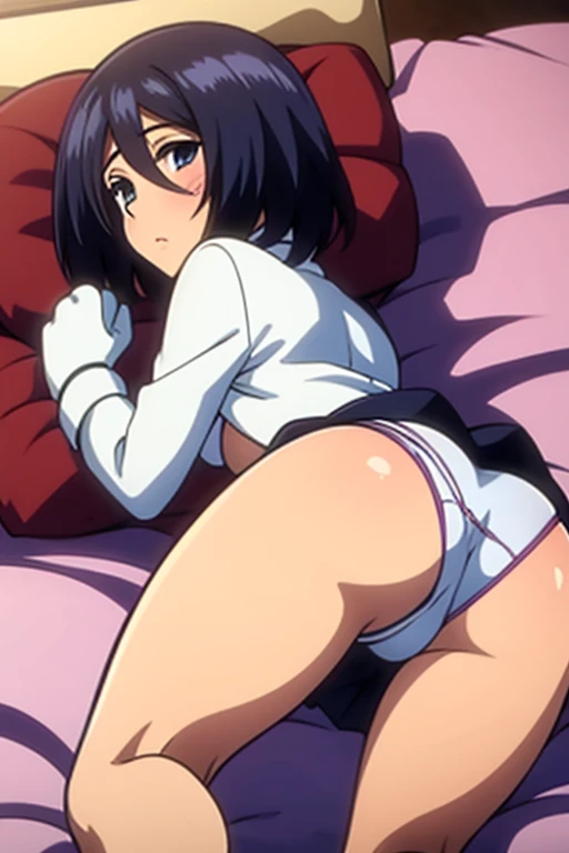 tennis girl's massive rear butt cheeks out of bottomless slutty mini skirt out bare, showing her butt, lying down, on bed, wearing oven mittens under big pillow, blindfold