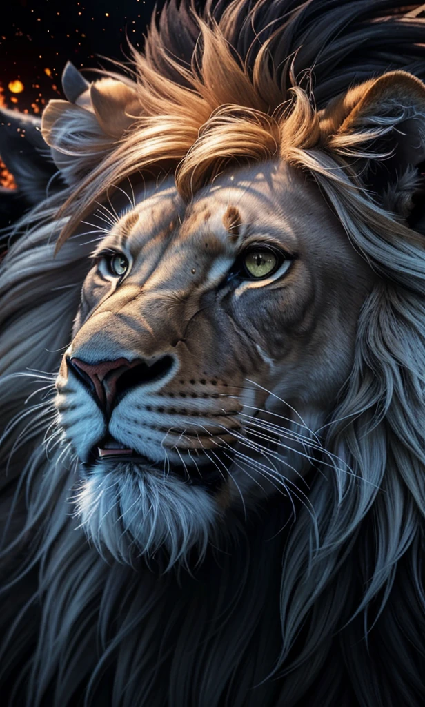 Lion, Divine Lion, naturals, naturals, ferocious, masculine, mighty, golden lion, Powerful Lion, Beautiful nature, Great Realistic Lion, FullHD 8K, Sky ligh, Sunset Night, Ligh Sky Sun, Balck Golden, black andwhite, black and gold, detailed realistic face, 8K Detailed Realistic White Lion, Ultrarealistic 8k |, Energia de thunder realista detalhada, Strong Creature realista detalhada, Strong Creature, Lion macho, Rendering, Fotorrealista 8K, UltraHD Alta definição 8K, Detailed Realistic 16K, Nitidez Fotorrealista 8K, 16K photorealistic textures, Contraste Fotorrealista 8K, Sombras Fotorrealistas 8K, Luzes Fotorrealistas 8K, Detailed realistic sunset, Detailed Realistic Lion Face, Detailed realistic light, detailed textures, thunder, detailed shadows, detailed colors, Celestial Electricity, Golden thunder, Lion realista, Ultra Realistic 16K, Realistic 16K, Realistic 16K sharpness, 16K photorealistic textures, 16K realistic colors, powerful creature, Majestic power, Power of Heaven, Great Divine, detailed contrast, realistic contrast, high resolution, detailed colors, fire, villany, divine creature, 8K, realistic detailed, 16K, 8K, High definition, detailed contrast, realistic contrast, high resolution, detailed colors, fire, villany, divine creature, realistic detailed, posh, chic